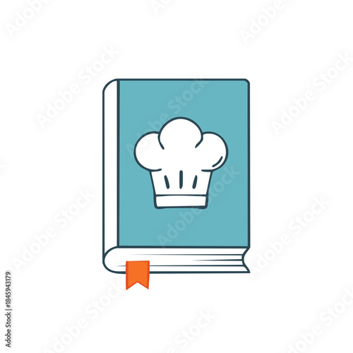Illustrated cookbook with chef's hat icon and orange bookmark for kitchen cooking instruction.