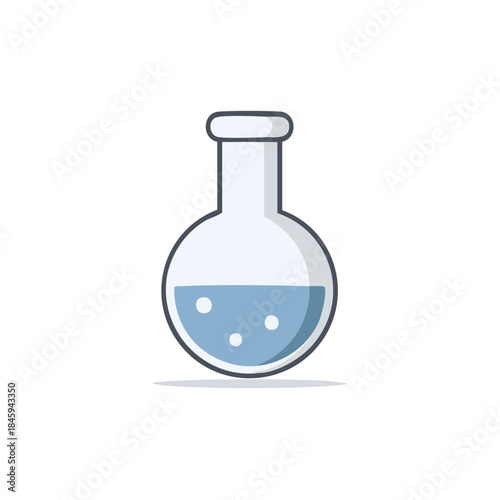 Laboratory glassware with blue liquid and bubbles representing scientific research or chemical experiments in a clear outline