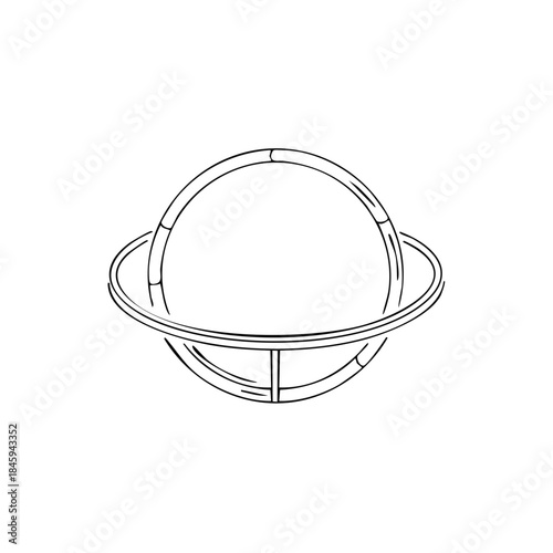 Stylized planet line art illustration, minimalist design with rings and a spherical shape.