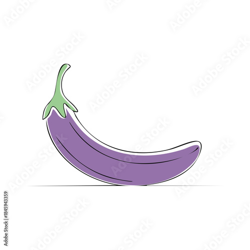Stylized eggplant illustration with purple skin and green stem, simple graphic design