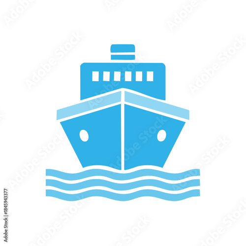 Blue cruise ship sailing on sea waves front view nautical journey vacation summer travel adventure icon or logo graphic design