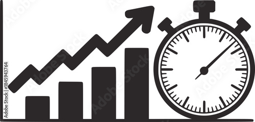 Black stopwatch and ascending bar chart with upward arrow silhouette