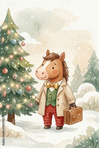 Cartoon horse standing by Christmas tree in snowy winter setting  