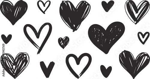 Collection of hand drawn black hearts in various styles