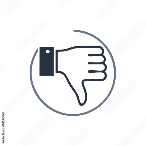 Vector illustration of a hand giving a thumbs down with a grey circle in the background. Negative opinion expression