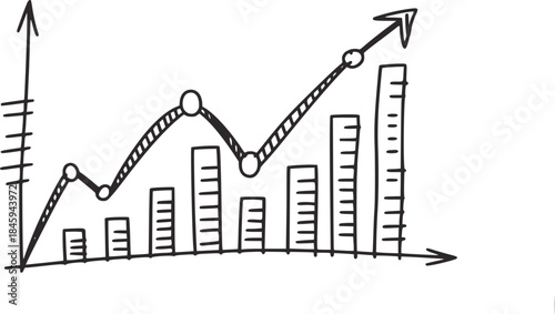 Hand drawn black and white financial growth chart with bars and line