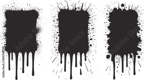 Three black grunge paint drip rectangular splatters white
