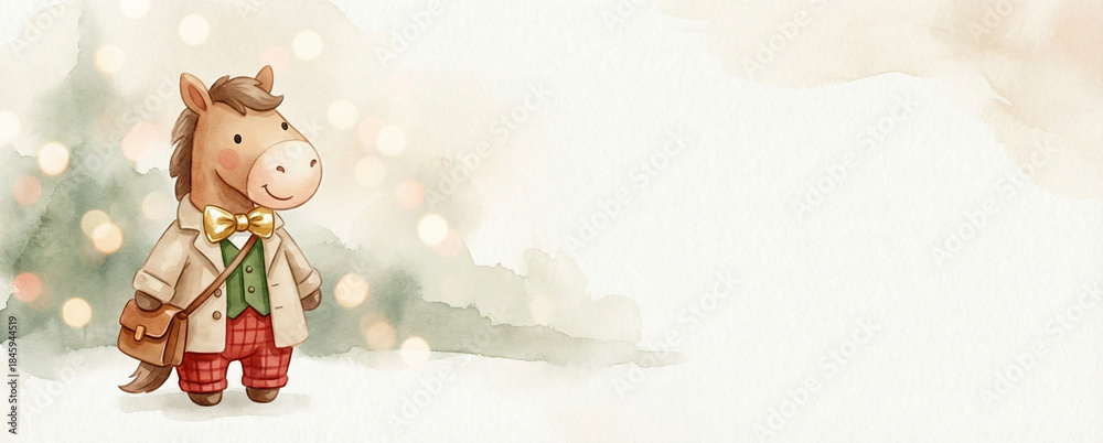 Fototapeta premium Cartoon horse dressed in festive attire with Christmas background 