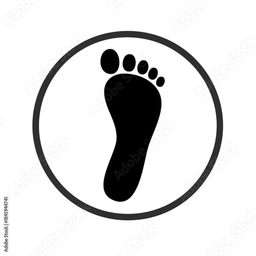 Footprint icon inside circle, black human foot print symbol in round frame, bare foot sign