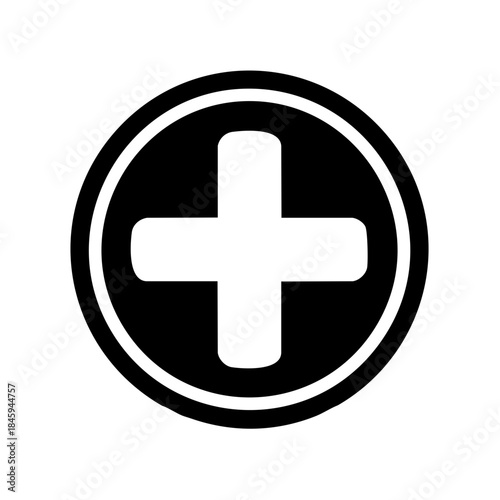 Bold black and white graphic icon of a plus sign inside a circle symbol design
