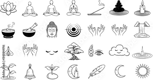 Hand-Drawn Vector Icons Set for Meditation, Yoga, Zen, and Spiritual Practices with Nature and Mindfulness Elements