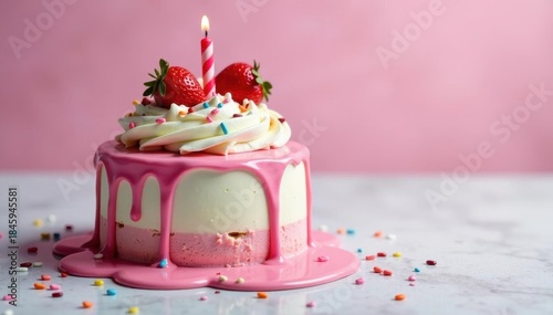 Birthday cake, melted ice cream cascading down sides, ice cream cake, sweet, strawberry