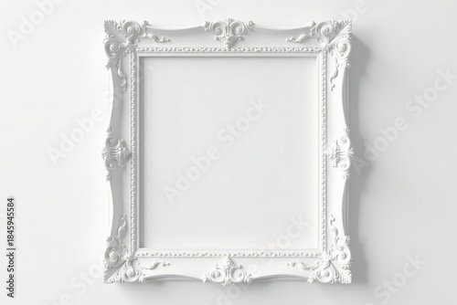 Blank ornate white wooden picture frame against a bright white wall , elegant, shabby, wooden