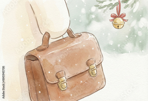 Person holding brown leather bag under snowy Christmas tree  