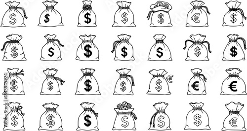 Collection of Hand-Drawn Money Bags with Dollar and Euro Symbols