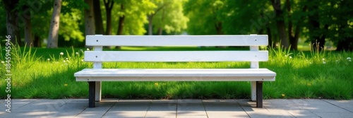 Clean white wooden bench in vibrant green garden,  sunny,  outdoor living,  relaxation
