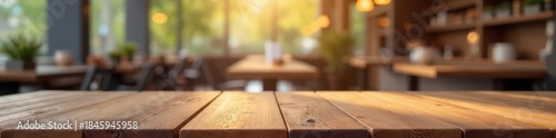 Clean wooden tabletop, abstract cafe bokeh backdrop, texture, product