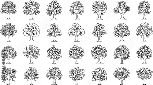 Hand-drawn sketch collection of diverse tree illustrations in black and white, depicting various shapes, seasons, and styles, isolated on a white background.