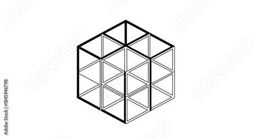 Isometric cube structure illustration on a white background, showcasing a geometric design.