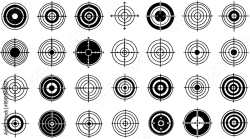 Collection of diverse target reticles and crosshairs. Set of black and white aiming marks for shooting, practice, and accuracy, featuring various circular and line designs.