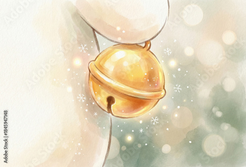 Golden jingle bell held by hand with soft bokeh background, Concept of New Year, Christmas  