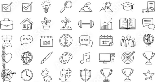 Hand-drawn Doodle Vector Icons Set for Business, Education, Success, and General Concepts