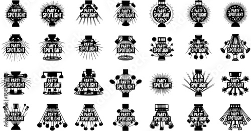 Party Spotlight Icons Vector Set - Collection of Black and White Stage Lighting Logos and Graphic Design Elements for Events, Clubs, and Entertainment