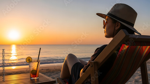 Sunset Bliss: A person embraces tranquility, basking in the warm embrace of the sun's glow while savoring a refreshing cocktail, as the tranquil sea whispers stories of serenity. 
