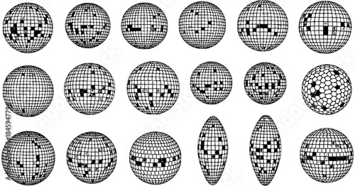 Set of diverse black and white disco balls with square and hexagonal patterns, including spherical and elongated shapes, for party, music, and celebration design elements.