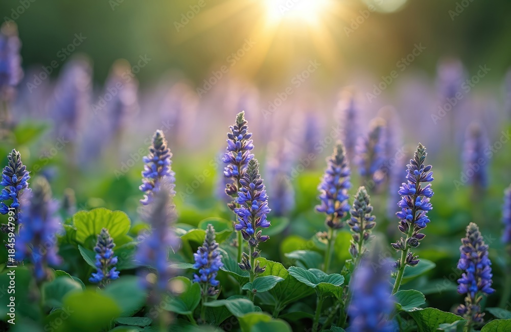Obraz premium Blue flowers glechoma hederacea grow in meadow field during springtime. Gentle sun rays shine on green leaves. Nature blooms with violet petals.