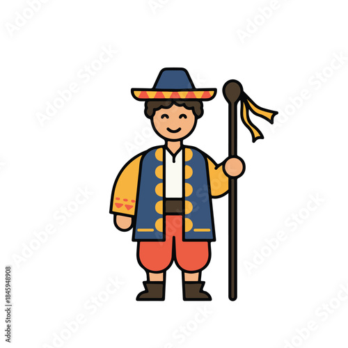 Man in traditional peruvian attire with ceremonial staff. Suitable for cultural and travel themes, featuring andean traditions and peruvian folklore.