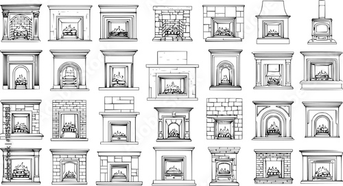 Detailed Vector Outline Drawing of a Diverse Collection of Fireplace Designs, Showcasing Various Styles from Classic to Modern for Home Decor
