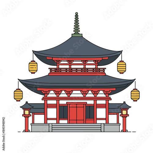 Beautiful japanese pagoda temple with hanging lanterns perfect for travel brochures, cultural websites, or asianthemed designs.