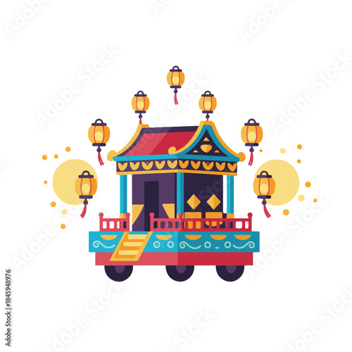 Asianstyle wheeled temple surrounded by glowing lanterns and suns suitable for travel and culturalthemed designs, posters, and advertisements.