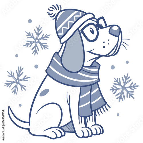 Playful Surprised Bloodhound design, styled with wearing glasses and Frosty Winter shades in a Cozy winter setting
