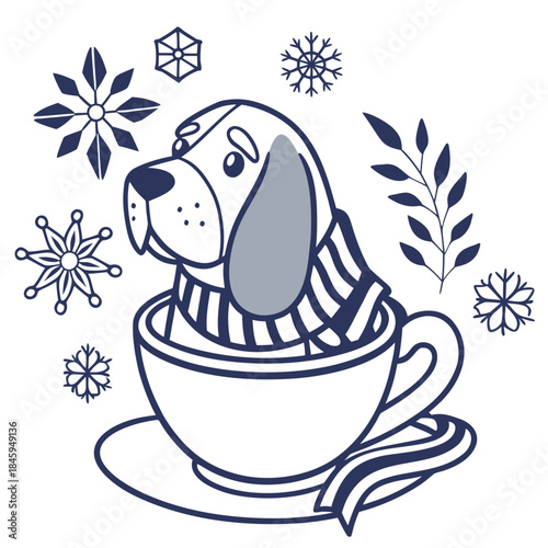 Grumpy expression on a Bloodhound in a Cozy winter theme, with in a teacup – Frosty Winter vector art