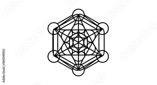 Geometric Metatron's Cube illustration on white background, sacred geometry.