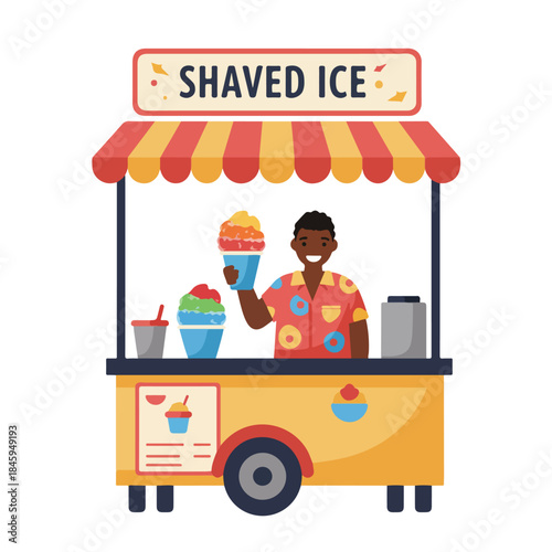 Man selling shaved ice from a vibrant roadside cart stand in a summer setting suitable for food and beverage concepts.