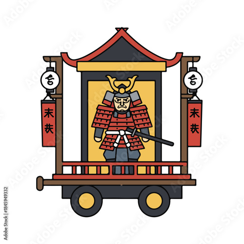 Japanese samurai stands on wheeled float with lanterns, set against traditional backdrop. Perfect for cultural, historical or festivethemed designs.
