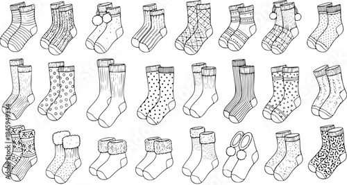 Hand-drawn sketch illustration set of cozy winter socks. Collection of various warm knitted footwear with different patterns, textures, and styles.