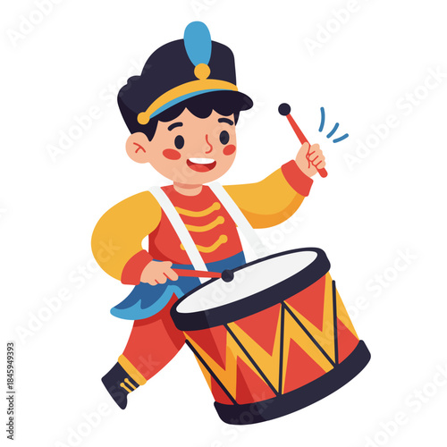 Drummer boy plays large drum with joy. Suitable for holiday music promotions, festive events, or childrens music album covers.