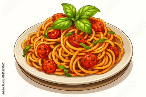 Delicious Plate of Spaghetti with Cherry Tomatoes and Fresh Basil Leaves - Italian Cuisine