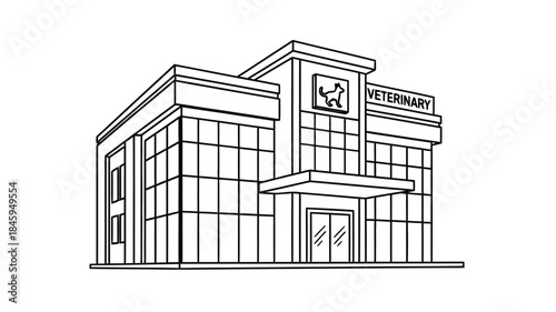 A simple line drawing depicts a modern two story commercial building with large glass windows