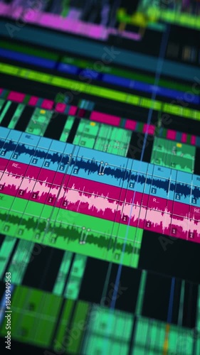 inematic multitrack video editing timeline screen with colorful audio waveforms and video layers in advanced editing software for digital filmmaking and multimedia production