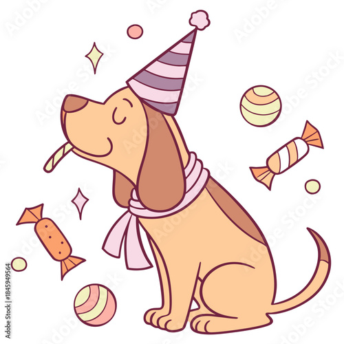 Sleepy Bloodhound with with a scarf, set in a charming Birthday theme – Candy Shop color vector art