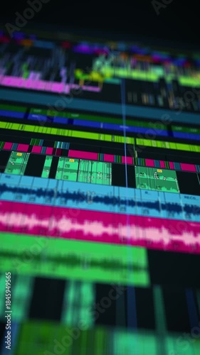 High-resolution macro view of a video editing timeline during post-production, featuring synchronized audio and video tracks, color grading layers, and cinematic sequencing interface