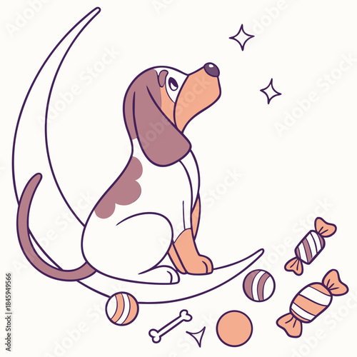 Curious expression on a Bloodhound in a Birthday theme, with sitting on a moon – Candy Shop vector art