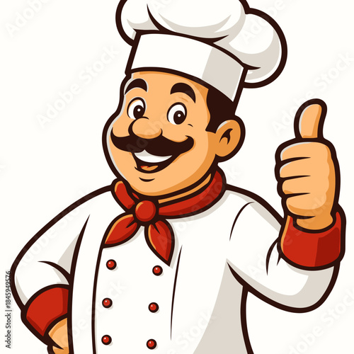 Friendly cartoon chef character with a mustache proudly displays a thumbs up, symbolizing approval, great taste, and top-notch kitchen service
