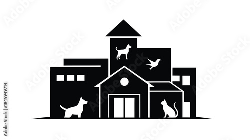 A minimalist black and white illustration depicting a house with animals and birds silhouetted against it