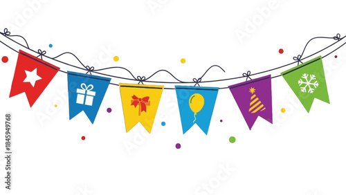 Colorful Party Pennant Flags Bunting Banner Hanging on an Isolated White Background, Festive Celebration Decoration